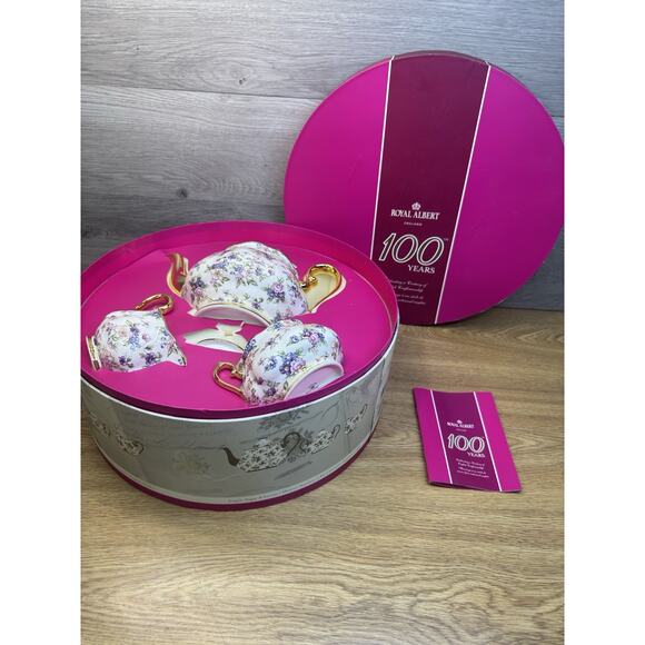 Royal Albert 100 Years 1940 English Chintz Tea Set-Teapot, Sugar, Creamer In Box - Picture 1 of 13